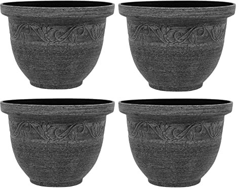 simpa Kingscliffe Rustic Effect Plastic Planter Pots - GREY, Set of 4 Pots - 26cm (H) x 36cm Diameter.