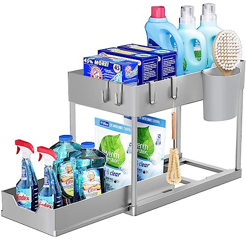 Puricon Lot de 1 Rangement sous Évier à 2 Étages avec Tiroirs Amovibles, Organisateur sous Évier Cuisine, Étagère Placard sous Évier Coulissant Multifonctionnelle Salle de Bain -Gris