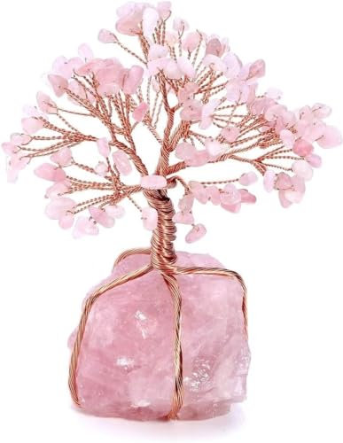 KLUFO Arbre de Vie en Cristal Naturel (Quartz Rose), Bijou de guérison Reiki, Arbre à Argent, décoration Feng Shui.