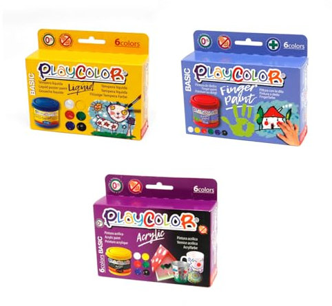 Playcolor Lot de 3 x 6 Peintures Gouache Liquide (Basic Paint - Finger Paint - Acrylic Basic) 18 Pots de 40 ML