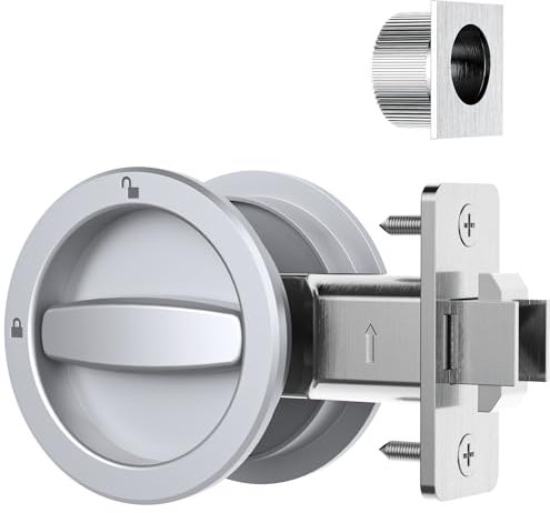 AST Round Pocket Door Lock with Edge Pull, Sturdy Privacy Bifold and Cavity Sliding Door Lock with Flush Pull, Replacement Hardware with Latch, Made of Zinc Alloy, Satin Chrome