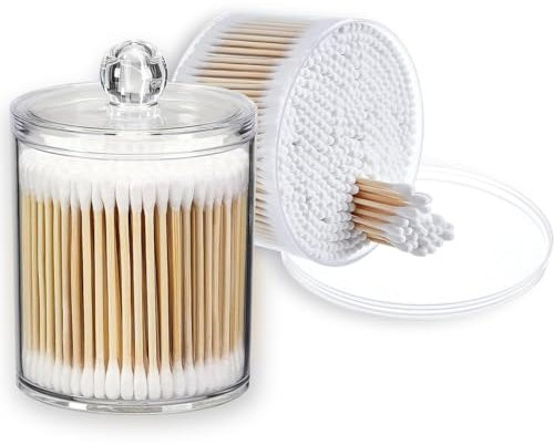 XINCHENG Porta Cotone e Cotton Fioc, Trasparente Porta Cotone Dischetti con Coperchio, 500 Pezzi Cotton Fioc Bamboo Biodegradabili Ideali Pelli Sensibili