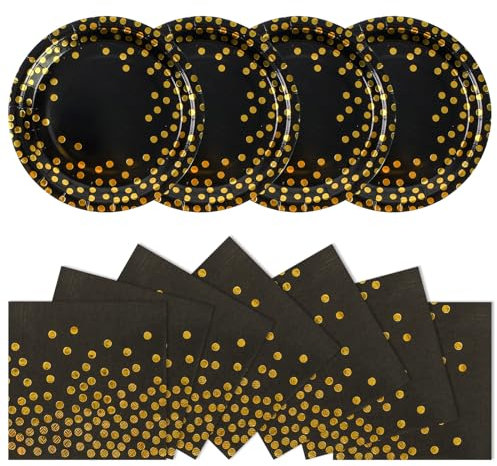 EVYIENEN 50PCS Black Gold Paper Plates & Napkins Set, 25x7in Plates & 25x6.5in Napkins - Disposable Party Supplies for Weddings, Birthdays, Graduations, Christmas