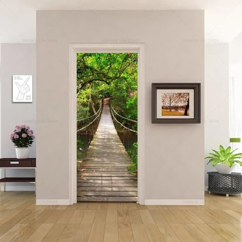 XAONUO 3D Drucken | Tür Bekleben Mit Türtapete Selbstklebend Grün Bäume Hängebrücke Landschaft 88X200Cm | Tür Verschönern Mit Türfolie | Türaufkleber Xxl Türbilder | Türposter Türklebefolie