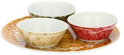 THUN, Set 3 Ciotoline con Vassoio in Porcellana, Collezione Sorprese di Natale, Set per Casa e Cucina, Idea Regalo per Natale, Ciotoline Ø 9,3 cm, 5,3 cm h, Vassoio 31 x 12 x 2,3 cm