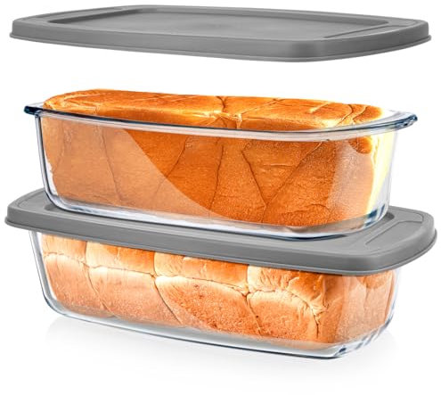BAKEWAY Glass Loaf Pans With Lids - 1.9 Qt for Baking Bread | Oven, Dishwasher, Fridge, Freezer & Microwave Safe | Suit for Lasagna, Meatloaf, Banana Bread - 2Pcs