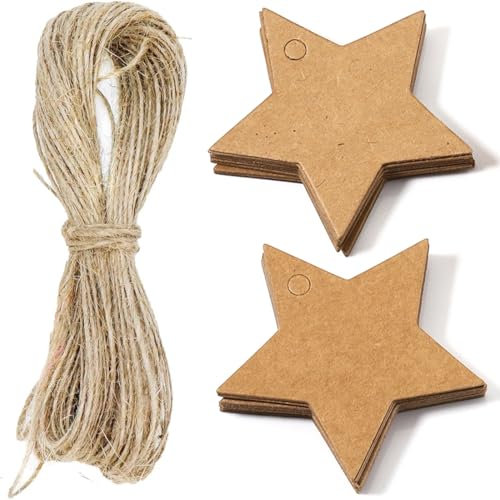 100 Stück Geschenkanhänger Weihnachten Stern Anhänger Kraftpapier Etiketten, Tags mit Jute Schnur, für Weihnachtsgeschenke Dekoration