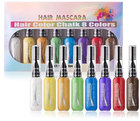 Haarmascara Set,8 Farben Temporäre Haarfarbe,Waschbar Farbspray Haare, Haarfarbe Blau,Lila,Gold, Rot,Grau,Braun, Gelb, Haarkreidekamm-Set,Haarfärbekreiden am Geburtstag Cosplay Halloween Party DIY