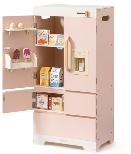 ROBUD Kühlschrank aus Holz - Realistisch und interaktiv mit Eiswürfelbereiter und Lebensmittel-Spielzeug - Geeignet für Kinder ab 3 Jahren - Rosa