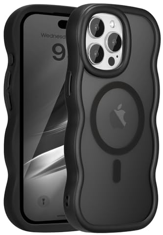 UEEBAI Magnetic for iPhone 12 Pro Max Case, Compatible with MagSafe, Transparent Wave Frame Design Case Soft Edge Cover Cute Clear Matte Shockproof Protective Phone Case, Black