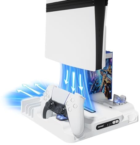 Supporto per PS5/Slim/Pro/PlayStation 5 Disco/Digitale con Ventola di Raffreddamento, Supporto Verticale con Caricatore per Controller e Accessori PS5, Ventola a 3 Livelli con Luce LED, Bianco
