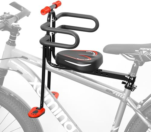 Fahrradsitz Kinder Vorne Mountainbike,Kindersitz Fahrrad Vorne mit Klappbarem Fußstützen,Universal Kindersitz Fahrrad mit Armlehnen & Schutzgitter,Geeignet für Mountainbikes,Cityräder (3-6Jahre alt)
