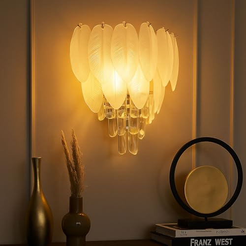 Wandlampe Flurleuchte Kristalle Wohnzimmerlampe Blätter Wandleuchte 3 flammig, Metall verchromt, Acryl, 3x E14, BxH 35,5 x 20,5 cm