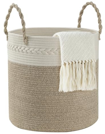 COSYLAND Panier à Linge Rond 64L en Corde de Coton, Corbeille à Linge et Panier de Rangement avec Poignées, pour Linge Sale, Jouets et Couvertures, Chambre et Buanderie, 40 x 25,5 cm, Blanc et Khaki