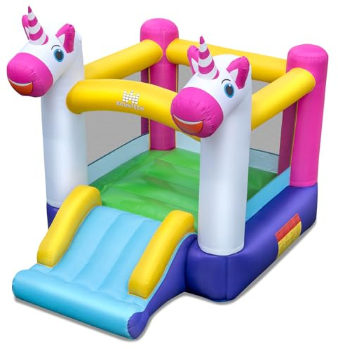 COSTWAY Castello Gonfiabile per Bambini, Casa Gonfiabile Unicorno per bambini con Scivolo e Area Salto, Parco Giochi Gonfiabile da 3-12 Anni, Adatto per Giardino, Esterno e Interno