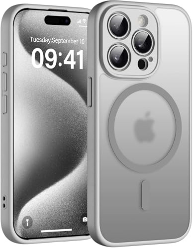 Helssitot Magnetisch für iPhone 15 Pro Max Hülle, Grau | mit Magsafe Militär-Grade Stoßfest Kratzfest Anti-Fingerabdruck Rückseite Matt Handyhülle für iPhone 15 Pro Max 6,7 Zoll