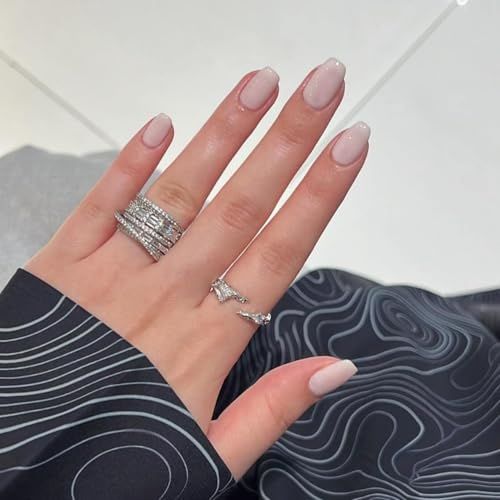 SXVME White Press on Nails Short Square Acrylic Short False Nails Coffin Natural Acrylic Fake Nails Set Elegant Solid Color Full Cover Glossy Gel Stick on Nail for Women Daily Wear 24 Pcs