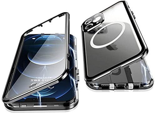 Jonwelsy Case for iPhone 12 Pro Max, 360 Degree Double-sided Protection Compatible with Magsafe Magnetic Adsorption Metal Bumper Front Tempered Glass Back Frosted PC Cover for 12 Pro Max 6.7 (Black)