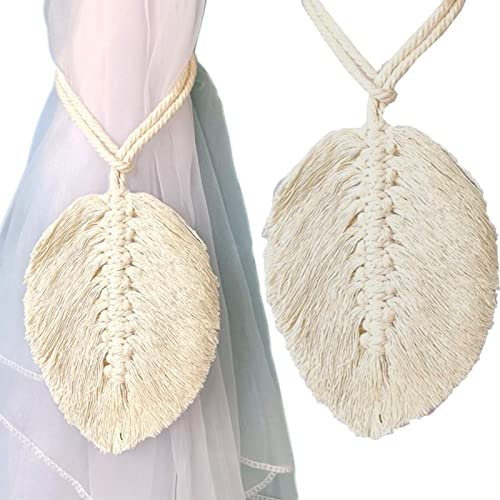SZXMDKH 2 Stück Raffhalter Boho Vorhanghalter Blätter Baumwolle Makramee Gardinenhalter Vorhang Zugband Gardine Beige Baumwollseil Holdbacks Tiebacks Clips Feder Seilhalter (2 Stück), Weiß, 14.5*12CM