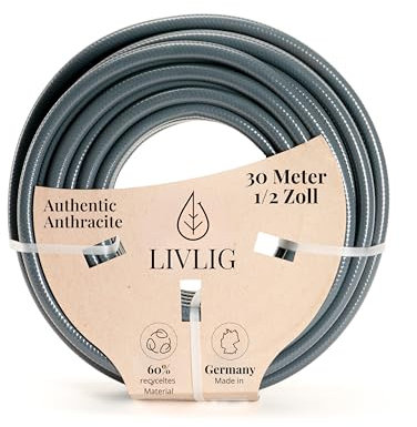 LIVLIG Gartenschlauch 30m, Gartenschlauch 1/2 Zoll Made in Germany, Wasserschlauch 30m aus recyceltem PVC, formstabil, Farbe: Anthrazit