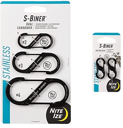 Nite Ize S-Biner Dual Carabiner - 3 Pack (Stainless Steel, Black) & Micro Lock Mini - 2 Pack (Black)