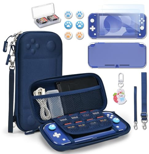 Younik Switch Lite Hülle, 14-in-1 Zubehör mit Switch Lite Tasche, klare Schutzhülle, Spielkartenhülle, 2 Bildschirmschützern, 6 Daumengriffen, Anhänger, Blaue Tragetasche für Switch Lite