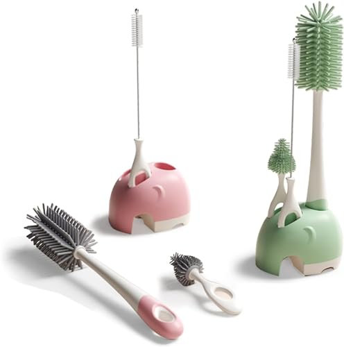 Bebamour Stand Baby Bottle Brushes for Cleaning 3 in 1 Soft Baby Bottle Brush, Teat Brush, Straw Cleaner for Stand Bottle Brushes Cleaner Set (Pink)