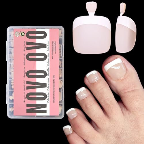 NOVO OVO Lot de 360 faux ongles d'orteils à presser - En gel souple - Rose nude - Carré rond - Couche de base et couche de base - Couverture complète - 15 tailles