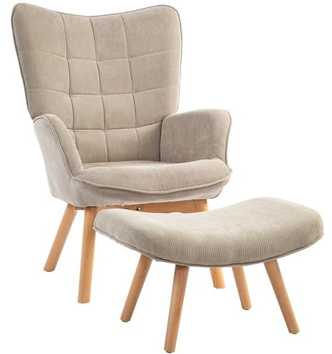 HOMCOM Sessel mit Hocker, Ohrensessel mit Hoher Rückenlehne, Holzbeine, Loungesessel mit getuftetem Design, Cord-Optik, für Wohnzimmer, Hellbraun