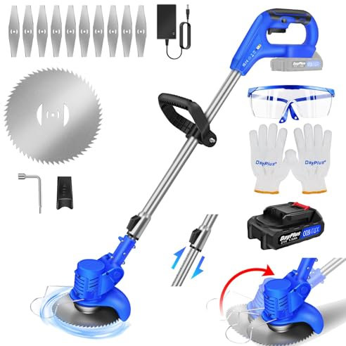 Cordless Grass Strimmer, Battery Powered Brush Cutter Cordless Grass Trimmer Garden Tools with 1.5Ah Battery and Charger, 12pcs Metal Garden Strimmer Blades, Portable Lightweight Grass Cutter Machine