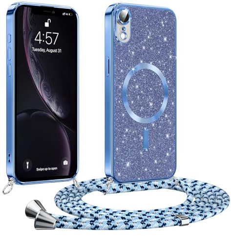 Phoona Glitter Cover per iPhone XR 6,1 con Cordino, Antiurto Silicone Protezione, Compatibile con MagSafe Cover con Cordino, Anti Graffi, Non Ingiallente, Blu