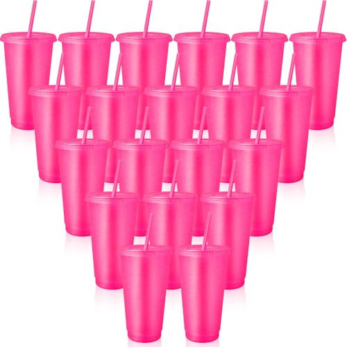 ASMIZ 24 Pcs Pink Plastic Tumbler with Lids and Straws, 24 oz Reusable Glitter Cold Drinks Cups Bulk, Coloured Iced Coffee Cup Travel Mug for Smoothie, Juices, Birthdays, Flamingo Party (Hot Pink)