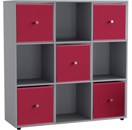 URBNLIVING 9 Cube Storage Unit with 5 Foldable Fabric Drawers, Wooden Freestanding Bookcase Shelf Organiser, Modern Cube Shelving for Bedroom, Office, Living Room, Toys, Clothes & Books