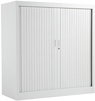 Office Hippo Steel Tambour Cupboard, Fully Lockable Cabinet, Side Opening Metal Storage With 2 Height Adjustable Shelves, Metal Cabinet With 50kg Load Capacity Per Shelf - White