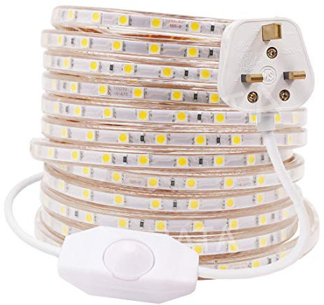 GQL 10m Dimmable LED Strip Mains Powered, Warm White SMD 5050 60leds/m IP65 Waterproof Commercial Rope Light with UK Plug, DIY Indoor Outside Decor Ribbon Lighting