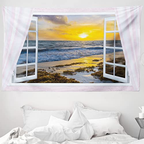 ABAKUHAUS Küsten Wandteppich und Tagesdecke, Open Window Sonnenaufgang Meer aus Weiches Mikrofaser Stoff Waschbar ohne Verblassen Digitaldruck, 230 x 140 cm, Gelb Blau