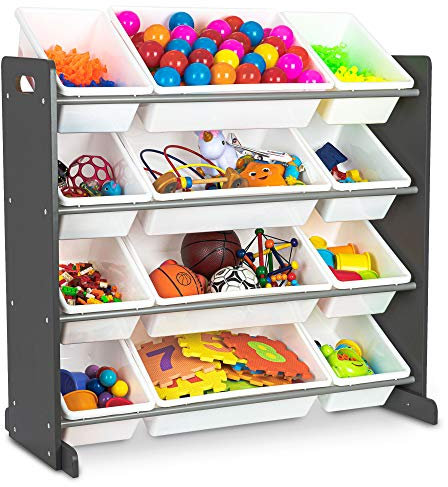 LIVIVO Children Kids 4 Tier Toy Book Story Bedroom Storage Shelf Unit & 12 Plastic Boxes Drawers Tubs Organiser Rack (Grey - White)