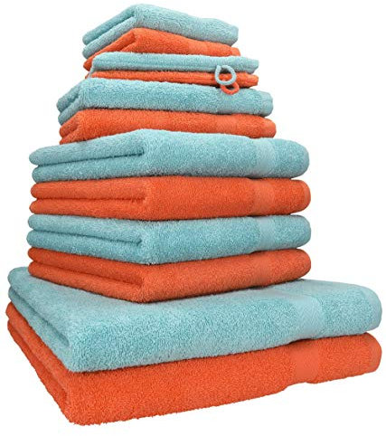 Betz 12-TLG. Handtuch Set Premium 100% Baumwolle 2 Duschtücher 4 Handtücher 2 Gästetücher 2 Seiftücher 2 Waschhandschuhe blutorange/Ocean