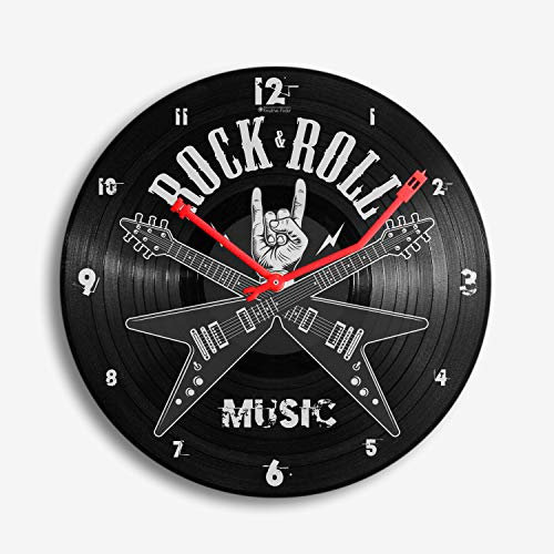 Kreative Feder Rock & Roll Music Music Schallplatten-Uhr Retro Vinyl Designer Wanduhr leise ohne Ticken 30cm (Rock & Roll, leises Quarzuhrwerk)