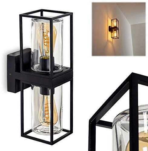 Außenlampe Palanga, Wandaußenleuchte aus Metall und Glas in schwarz, 2-flammig, 2 x E27, klassische Außenwandleuchte mit Lichteffekt für Terrasse und Fassaden im Industrial-Style, ohne Leuchtmittel