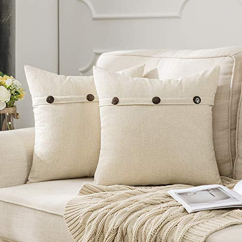 MIULEE 2er Set Kissenbezug Leinenoptik Home Dekorative Kissenhülle Leinen Einfarbig Kissenbezüge für Sofa Schlafzimmer Wohnzimmer Bed Decor mit Knopf 50x50cm Creme weiß