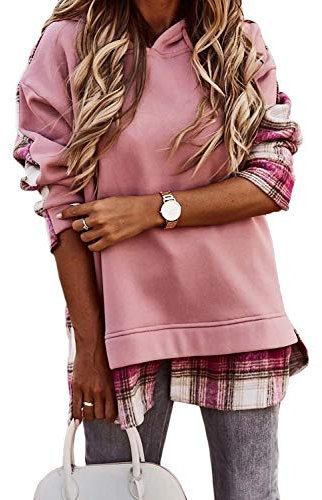 ORANDESIGNE Femme Sweats à Capuche Manche Longue 2 en 1 a Carreaux Tunique Col Rond Chemises à Carreaux Rose XL