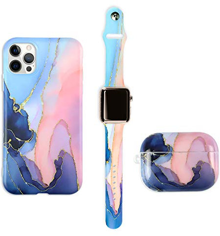 Makzib Matching Case compatible with iPhone 11,Airpods case 1 & 2 with Watch band 38mm 40mm 42mm 44mm. Marble design Thin slim Glossy 3 in 1 protective cases (38mm 40mm Watch band, Floral Blue)