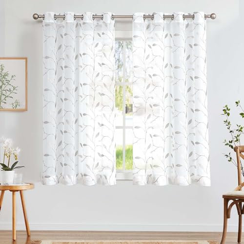TOPICK Sheer Vorhang Voile Gardinen mit Ösen Blätter Stickerei Transparent Ösenschal Gaze Paarig Ösenschals Blatt für Wohnzimmer Schlafzimmer Stores 2er Set Grau auf Weiß H175 x B140(cm)