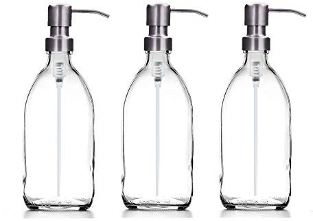 Clear Glass Bottles 500ml Soap Dispenser with Metal Pump (BPA-Free) Clear Flint Glass Empty Soap Dispensers – Reusable Refillable Eco friendly, Sustainable Living/Gift (Brushed Steel, 3)