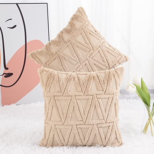 Madizz 2er Set Sanft Plüsch Kurze Wolle Samt Dekorativ Zierkissenbezüge Luxus Stil Kissenbezug für Sofa für Schlafzimmer Khaki 30x30 cm Quadrat