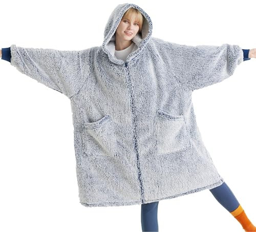 BEDSURE Hoodie Decke mit Ärmeln-Sherpa Kuscheldecke mit Ärmeln Kuschelpullover Tragbare Decke Hoodie als Geschenke für Frauen, Blau