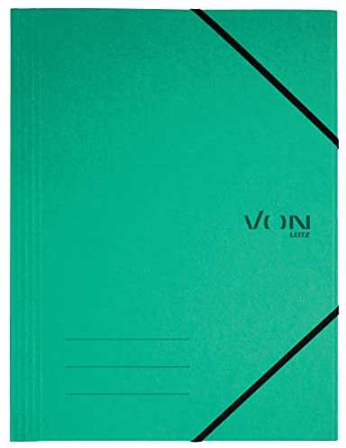 VON Leitz 5er Pack Eckspannermappe A4, Recycling-Karton, Für 150 Blatt, 3 Klappen, Mappe mit Gummizug, Mit modernem VON-Aufdruck, Leichter Ordner für Schule & Zuhause, Grün, 30080055