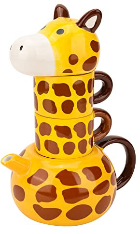 Théière en céramique avec 2 tasses en forme de girafe - Pour adultes et enfants - Cadeau idéal pour le bureau, la maison
