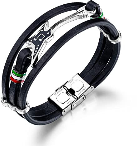 Ategazza Herren Armband Leder Edelstahl Gitarre Armbänder 21cm gb509